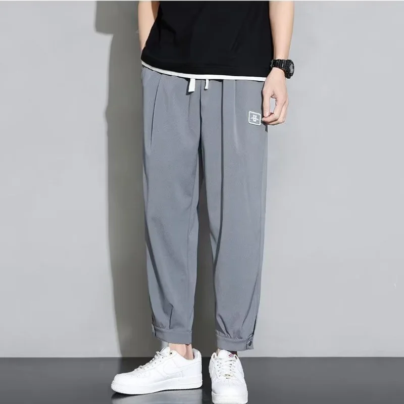 Ice Shreds Sagging Sensation Sweatpants Trousers Men's Summer New Elastic Drawstring Button Fashion Trendy Loose Harlan Pants