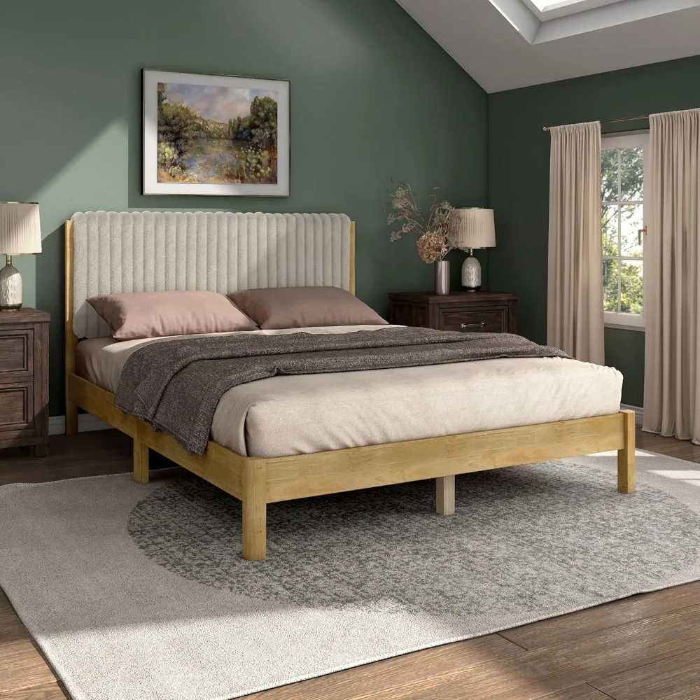 

Platform Bed Frame with Vertical Channel Tufted Headboard and Solid Wood Slats, No Box Spring Needed,bed frame