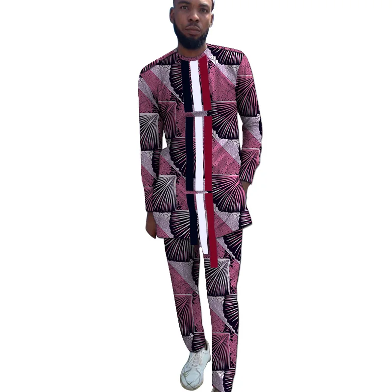 Striped Patchwork Tops With Pants Men's Groom Suit Male Print Nigeria Outfits Custom African Wedding Party Garments