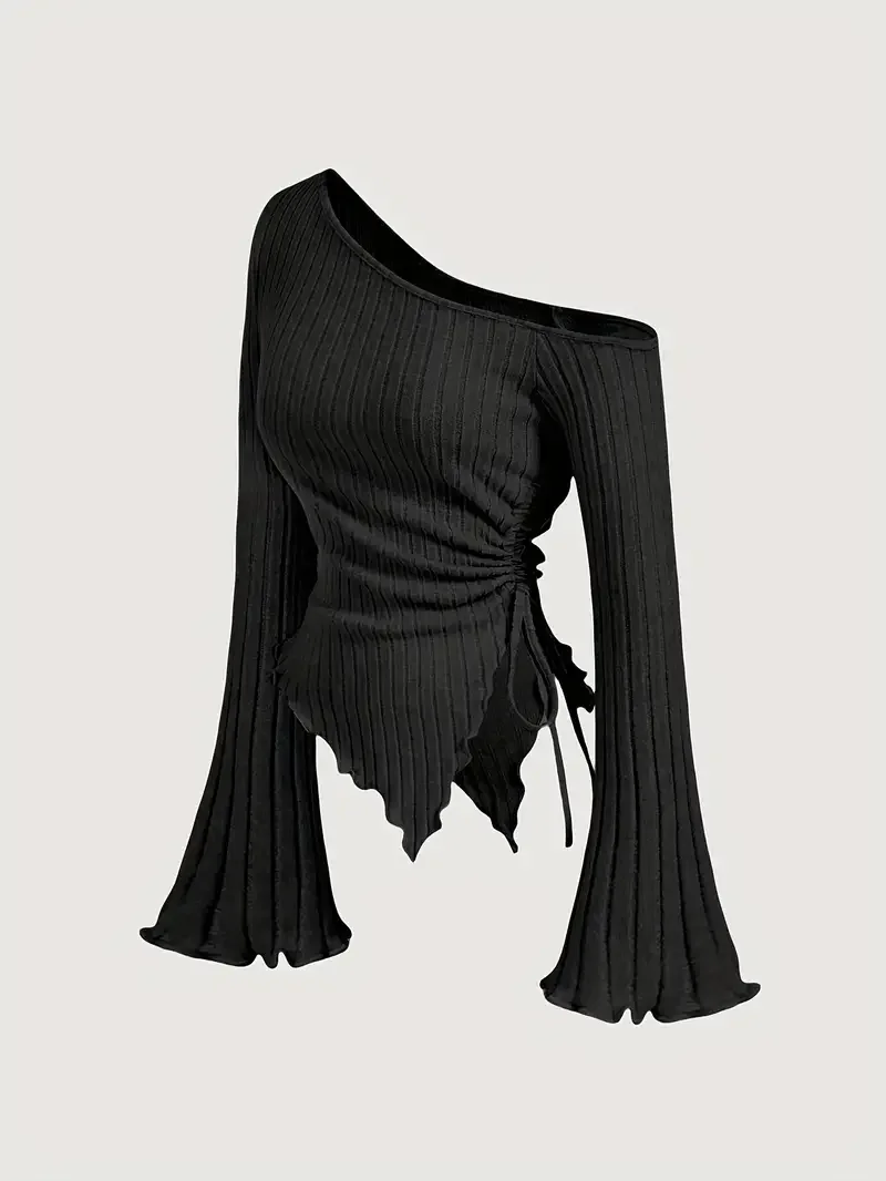 Neue Frauen Sexy Off Schulter Kreuz Lange Ärmeln Dünnes T-Shirt Casual Street Style Asymmetrische Elegante T-Shirt Flare Hülse Top