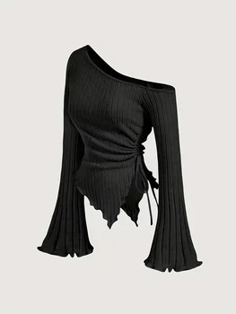 T-shirt sexy épaules nues manches évasées design croisé asymétrique style street