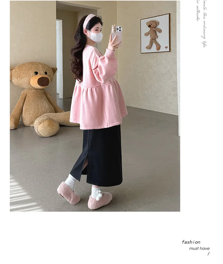 출산복 봄 가을 달콤하고 귀여운 꽃무늬 랜턴 슬리브 라운드넥 가디건 임산부 스웨터와 미디 스커트 투피스 세트
