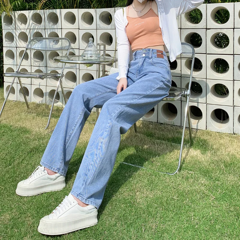 OUSSYU Y2K Woman Jeans High Waist Wide Leg Cotton Denim Clothing Blue White Streetwear Vintage Fashion Harajuku Straight Pants 6