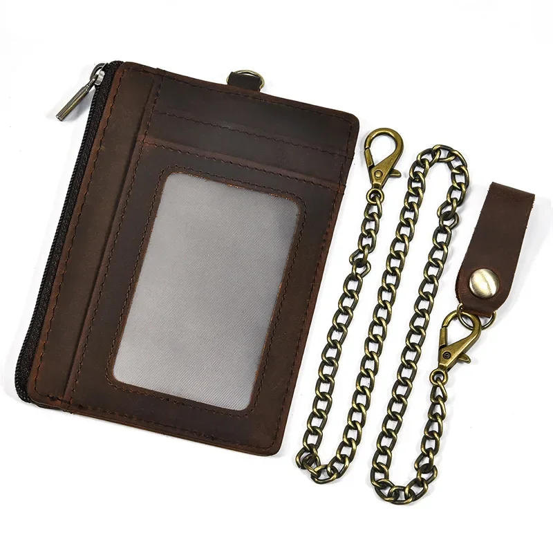 Genuine Leather Card Holder with Vintage Crazy Horse Leather, Multiple Card Slots,Chain and Anti-theft Function