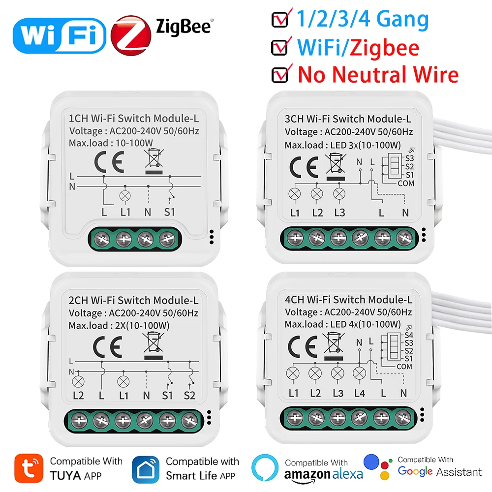 Tuya WiFi/Zigbee Mini Smart Switch 1/2/3/4Gang ไม่ต้องใช้สาย Neutral APP รีโมทคอนโทรล Breaker ทํางานร่วมกับ Alexa Google Home 1