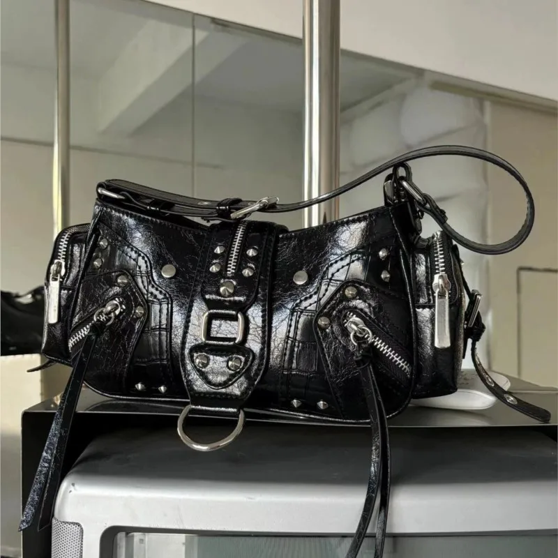 JIAERDI Vintage Black Y2k Shoulder Bags Women Sweet Cool Hot Girls Rivet Pu Leather Handbag Ladies Moto Biker Underarm Bag Chic