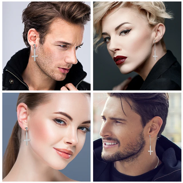 BONISKISS Men Women Stainless Steel Inverted Upside Down Cross Earring Church of Satan Temple Occult Satanic Witchy Stud Jewelry 5