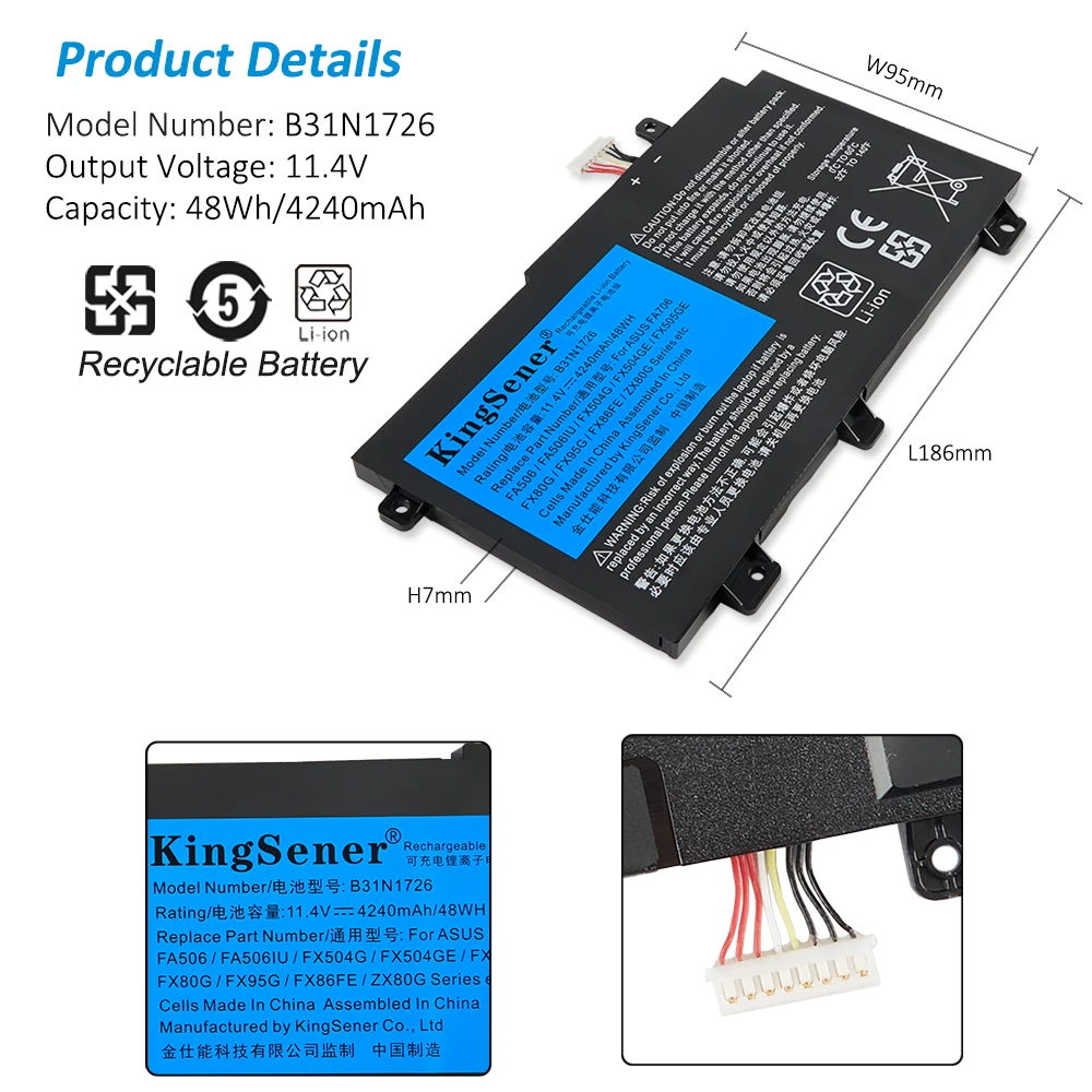 para Asus Fx504 Fx86 Fx80gm Fx505ge Fx505dt Fx80ge Px505ge Px505gd Fx505gm Fx80g B31bneh A4481wlk9h Kingsener-b31n1726 B31bn91 - Imagem 4