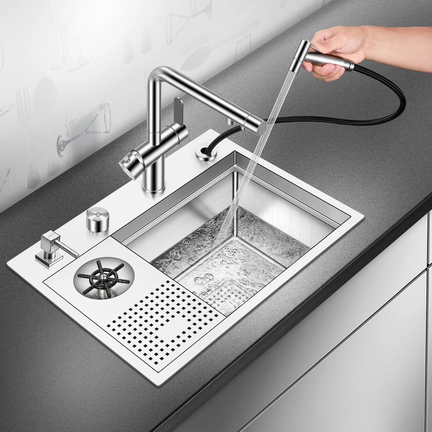 

Silver nano Hidden kitchen sink 304 stainless steel sink washbasin with cover plate