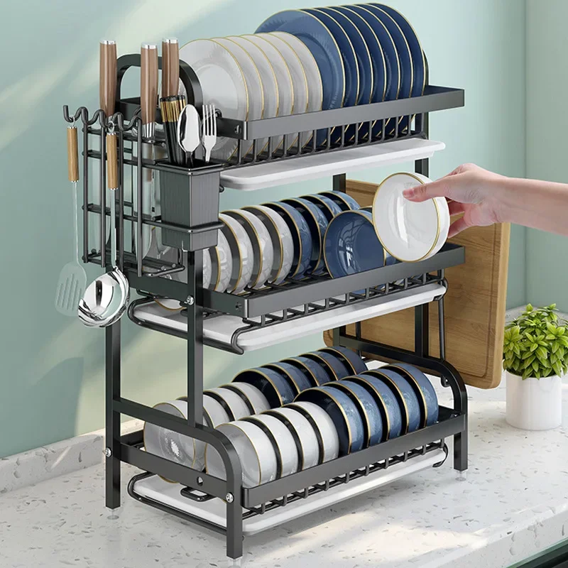 Dish Drying Rack 3-Tier Compact Kitchen Dish Rack Drainboard Set Large Rust-Proof Dish Drainer with Utensil Holder Kitchen Racks 2