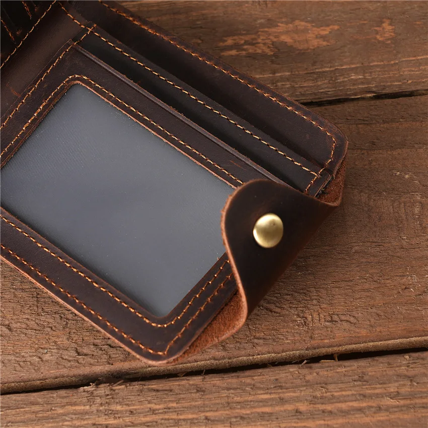 Genuine Leather Wallet for Men Large Capacity ID Window Card Case Wallet with Snap Closed Bifold Male Crazy Horse Leather Wallet
