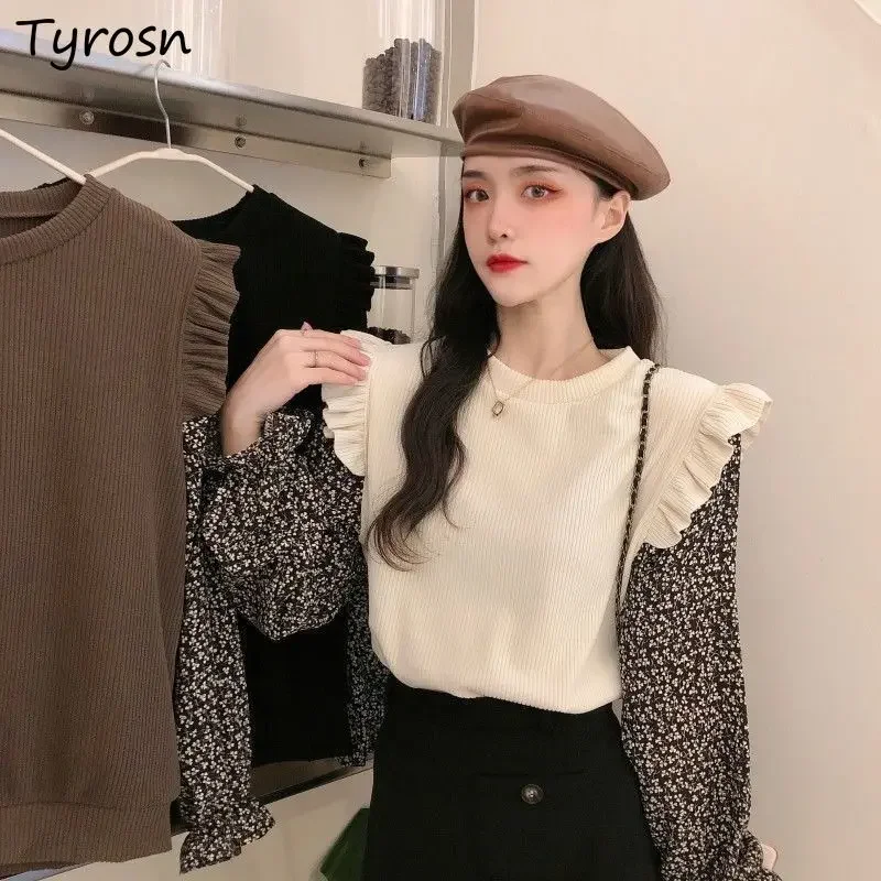

Sweet long Sleeve Pullovers Women flounce fake two piece Patchwork Design Fashion Spring Korean Style round neck all-match chic