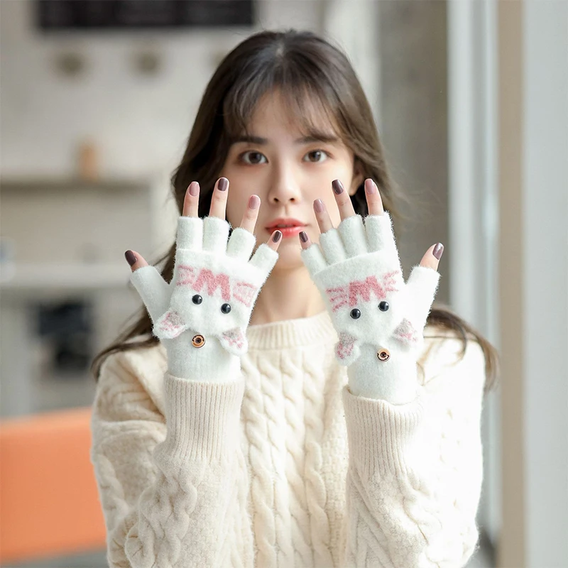Autumn Winter Warm Gloves Flip Cover Fingerless Gloves Soft Kids Girl Cute Cartoon Half-finger Knitted Plus Velvet Riding
