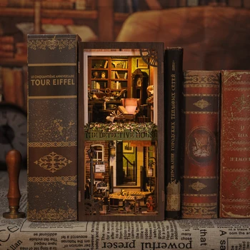 CUTEBEE Book Nook Miniature Doll House Kit Bookshelf Insert With Touch Light Dust Cover DIY Booknook Gifts Rose Detective Agency 3