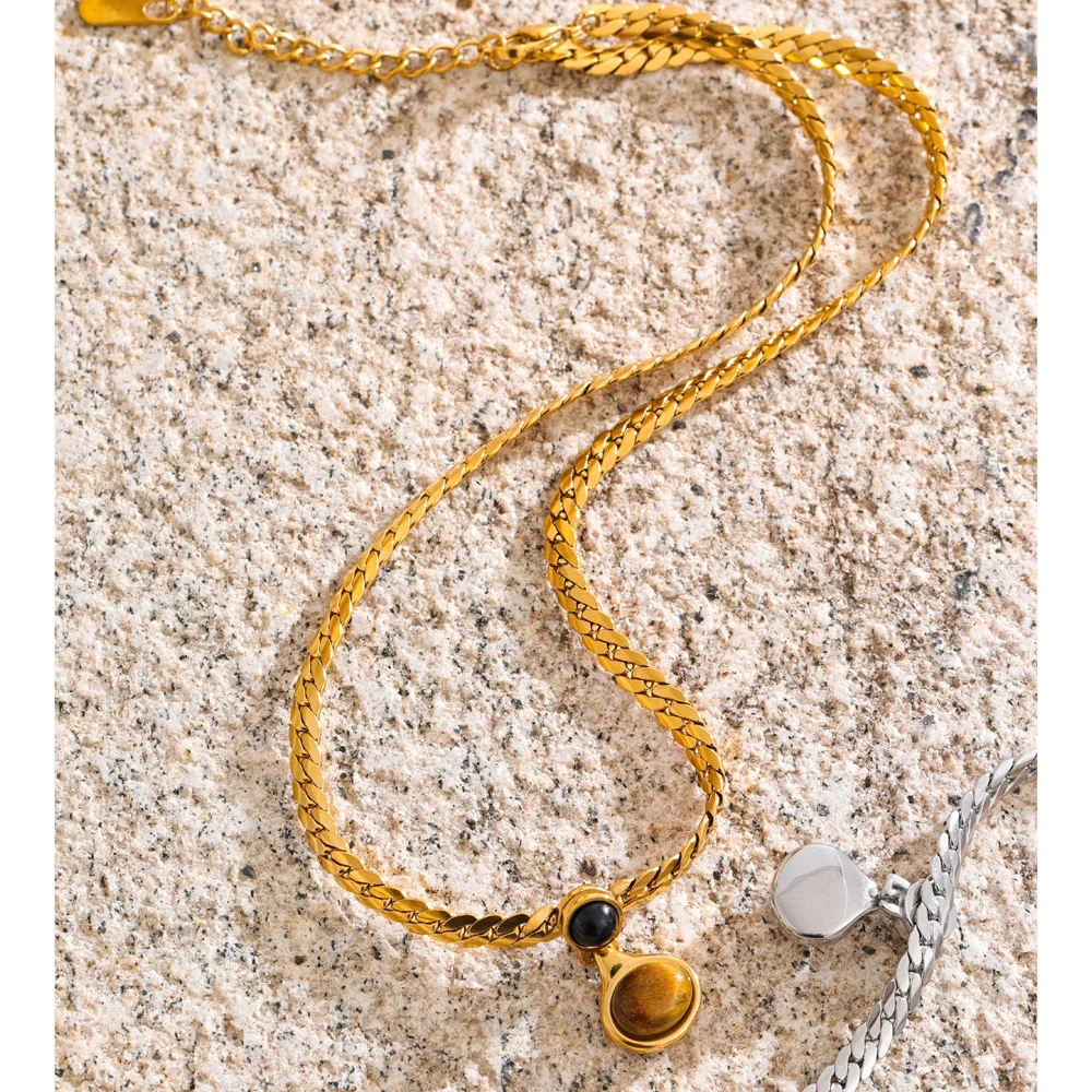 Yhpup Golden Chain Tiger Stone Pendant Necklace
