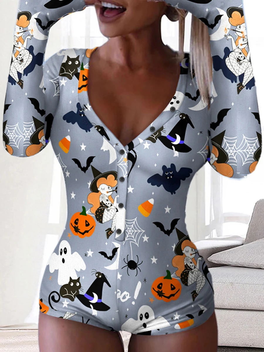 

Женский Пижамный комбинезон на Хэллоуин, комбинезон с длинным рукавом и глубоким V-образным вырезом, шорты, одежда для отдыха, косплей, комбинезоны, 1 шт.