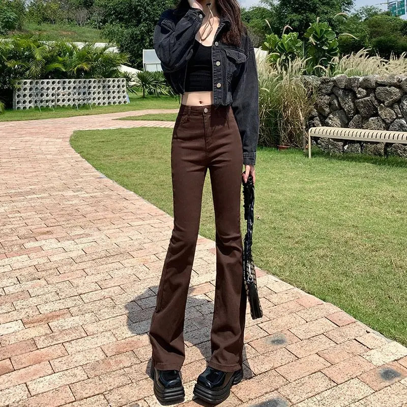High Waist Micro-flared Jeans Women's Spring and Autumn New Stretch Slim-fit Slimming Brown Trousers Summer Wear