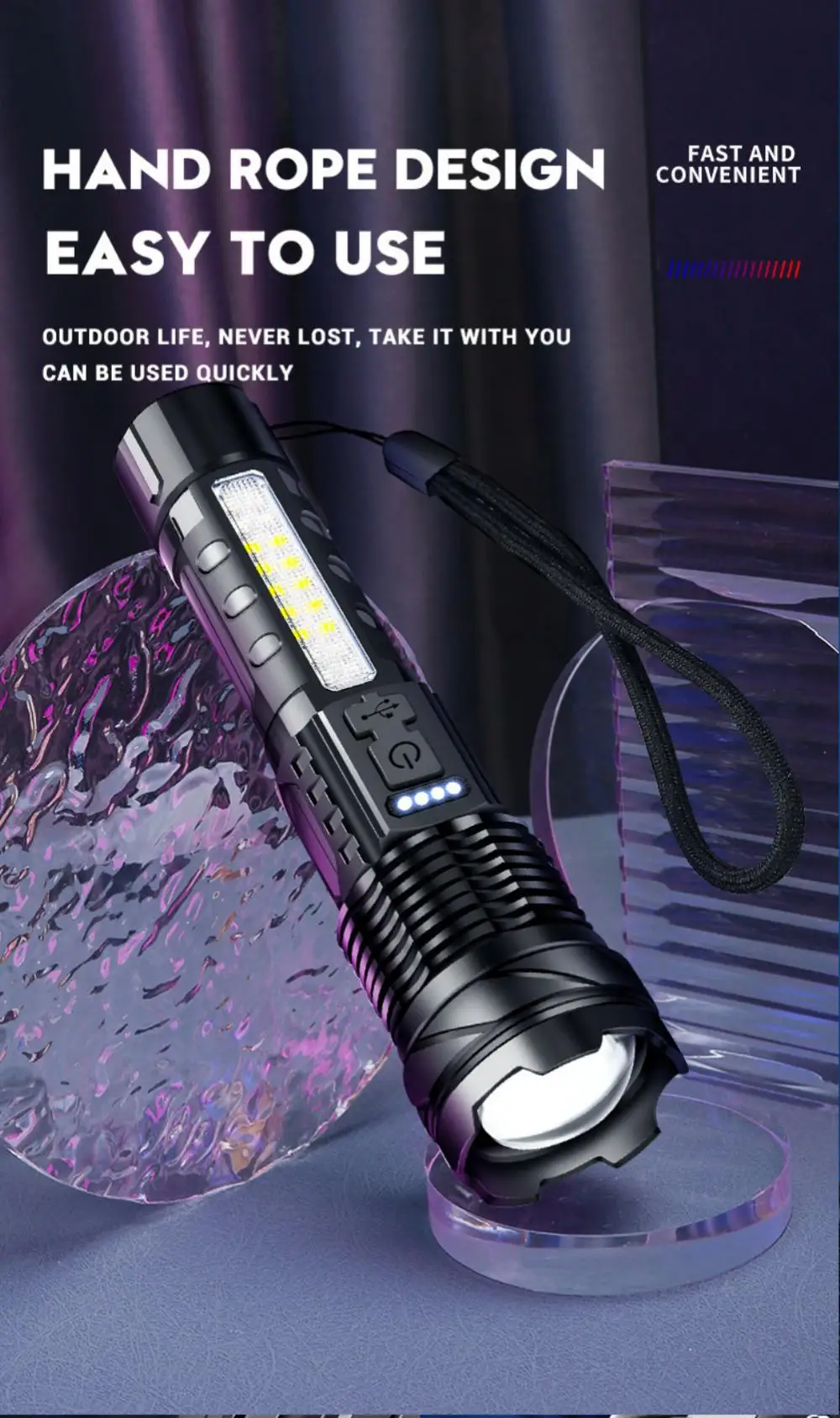 Description Picture 4 of itemStrong Light Flashlight Fast Typ-c Charging Outdoor Lighting White Laser Flashlight With Cob Warning Side Work Light