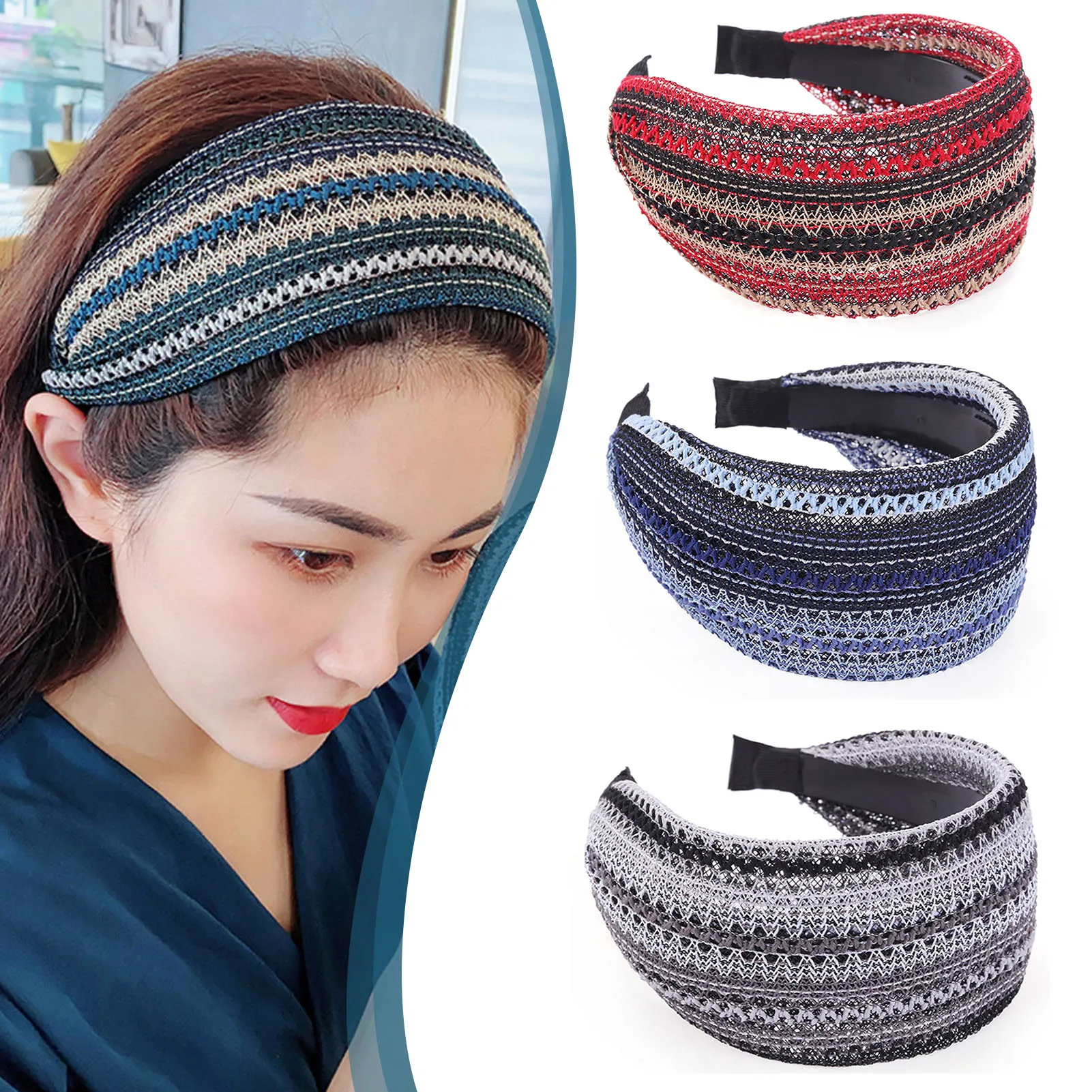 

Headband Wide Side Mesh Style Rhinestone Hair Ring Non-Slip Hair Accessories Elastic Hair Bands Hair Decorations d88
