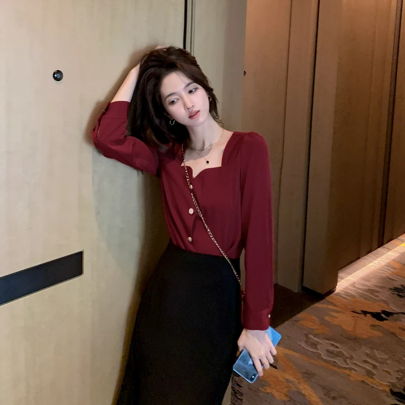

Shirts for Women 2022 Spring New French Retro Square Collar Long-sleeved Shirt Women's Chiffon Shirt Top Solid Color Blouses