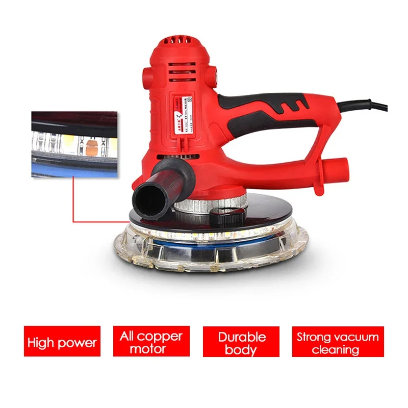 1250W Electric Drywall Sander with Lamp Wall Putty Polisher Self-Priming Dust-Free Grinding Machine Grinder for Home Decoration