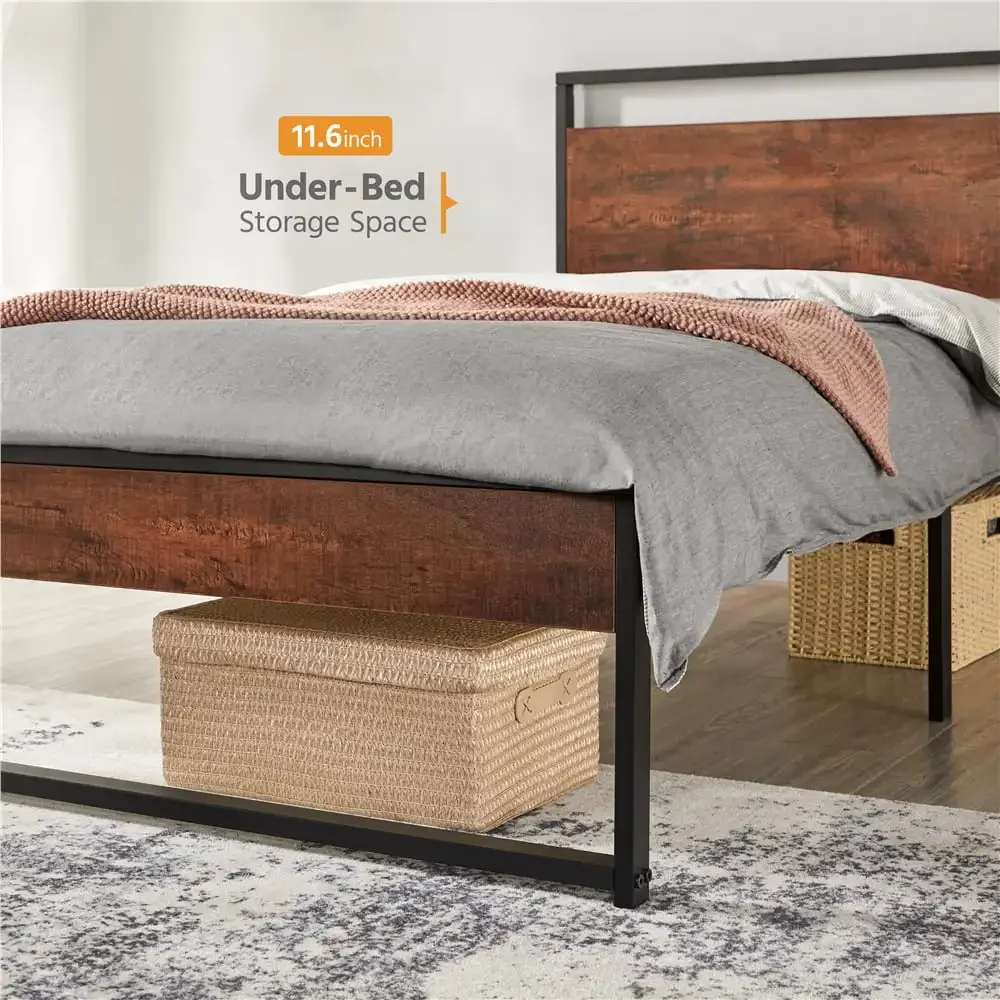 Easyfashion Rustic Metal Frame Base Platform Bed with Slat Support