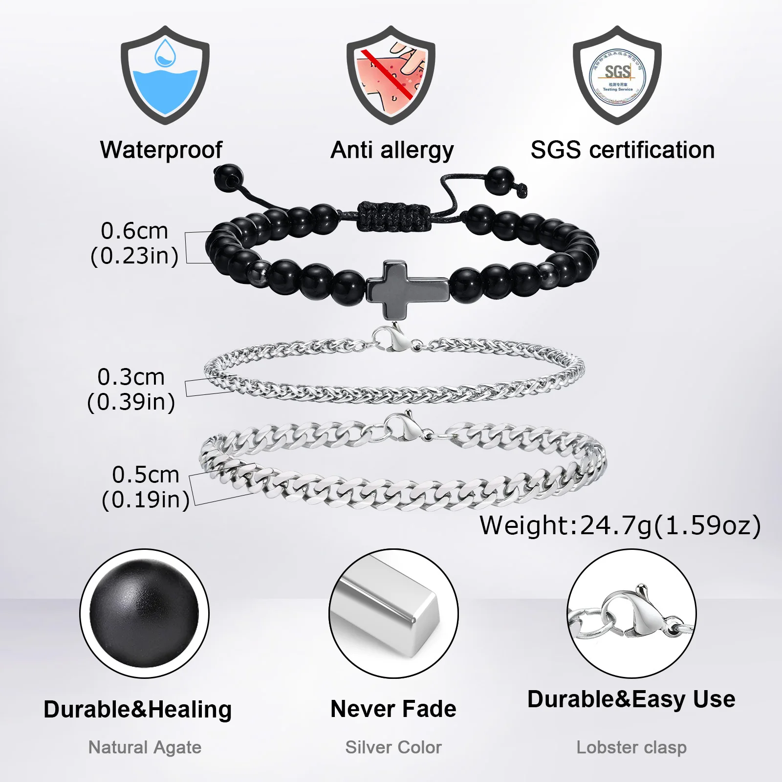 3pcs/set Men's Cross Bracelet,Waterproof Stainless Steel Cuban Chain Wristband,Gift for Husband Dad BBF Son