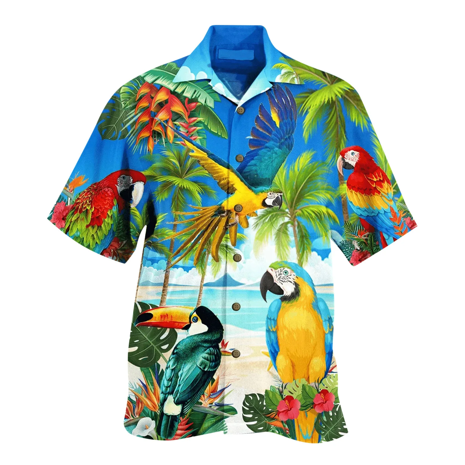 thumbnail image 1 of Camisa hawaiana de manga corta con estampado floral de loro en 3D de verano para hombre, blusa de moda con un solo pecho para hombre, 1 of 4