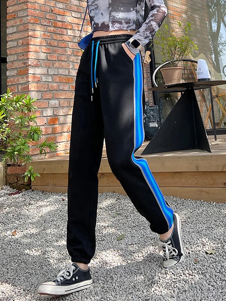 Women Black Jogging Color Striped Side Sweatpants Pants Baggy