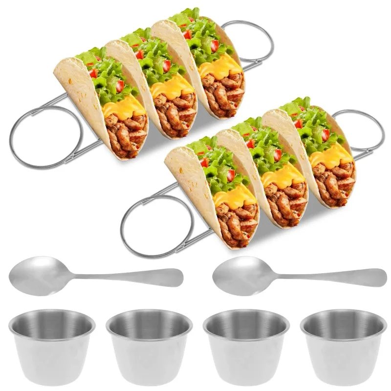 Taco Stand with Spoon Salad Cup Stainless Steel Taco Holder Set Rustproof Rack Set Burritos Tortilla Rack Kitchen Tools