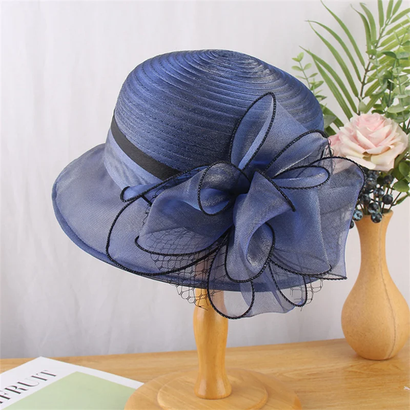 

Women Organza Top Hat Kentucky Derby Sun Bucket Hat Tea Party Wedding Headwear French Elegance Lady Flower Beach Festival Cap