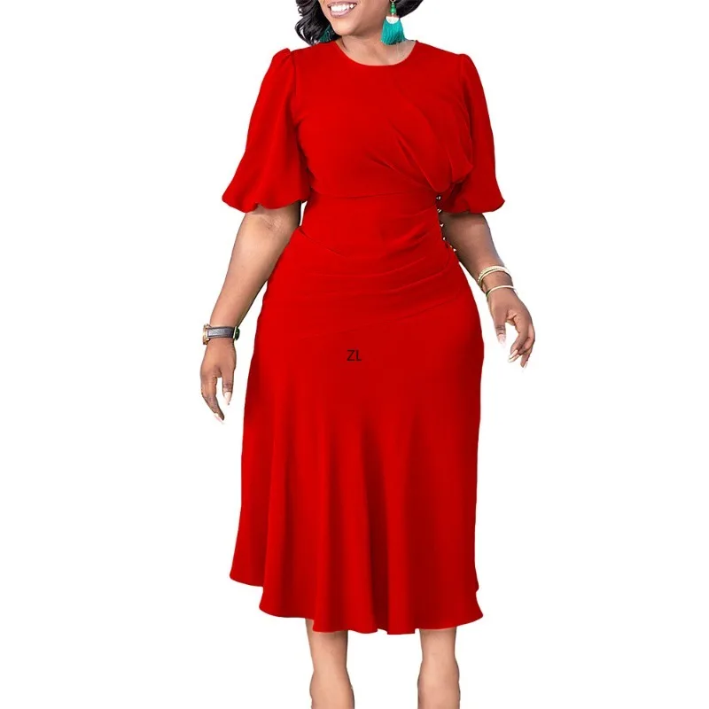 

African Dresses For Women 2023 Summer Round Neck Short Sleeve Pleated African Dress Solid Slim Fit Elegant Party Ankara Robes