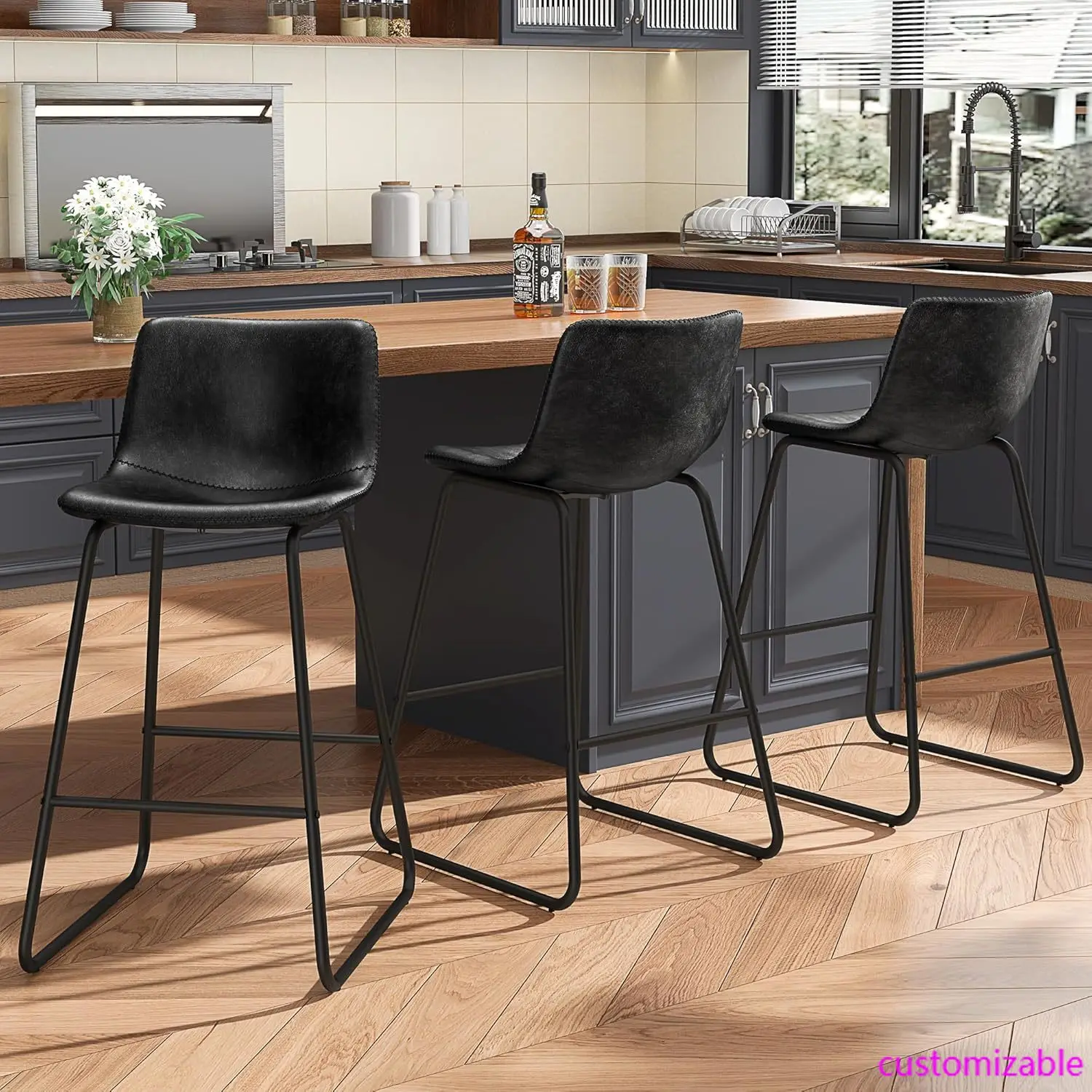 Bar Stools Set of 3, Faux Leather Counter Height Stools,26" Modern Barstools with Metal Legs and Footrest, Urban Armless Counter