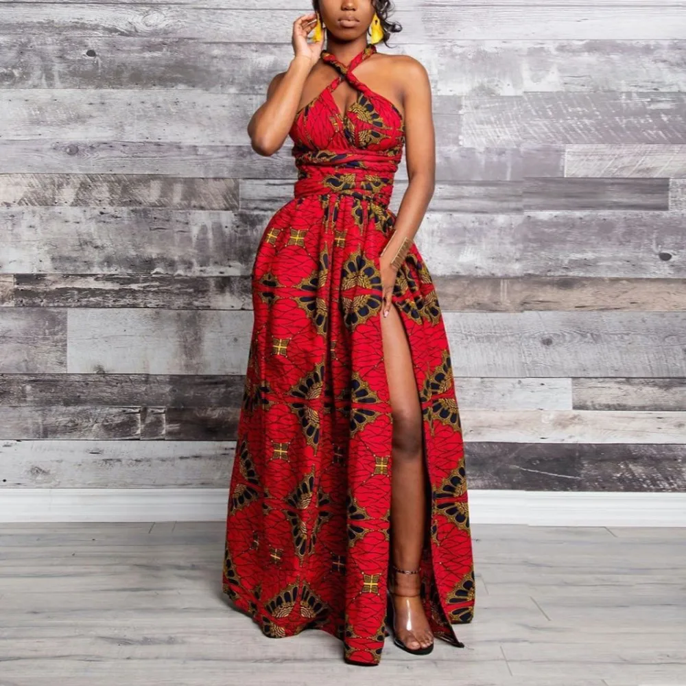 

Ankara Red Africa Maxi Dress Women Dashiki Print Split Dress African Clothes Sexy Party African Dresses for Women Robe Africaine