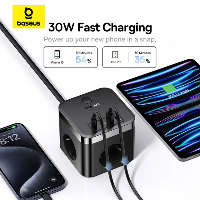 Bas192.- Station de charge de bureau avec protection contre les surtensions, chargeur 30W, multiprise rapide, prise 3AC, iPhone 16, 15, tablettes 2