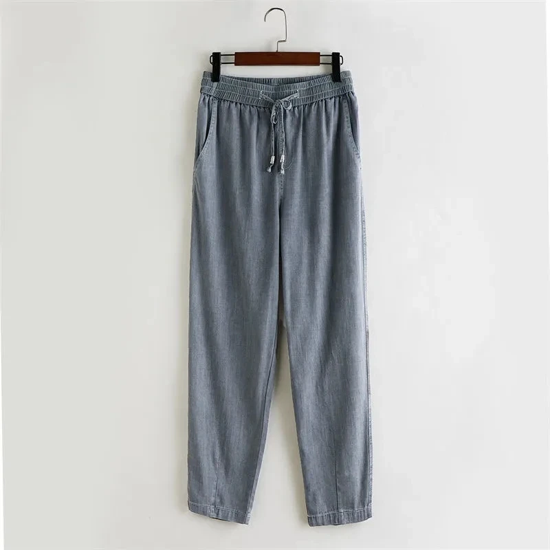 

2023 Summer Thin Ankle Length Jeans Pants Women's Elastic Waist Loose Fit Cropped Trousers Blue Grey Ice Silk Radish Harem Pants
