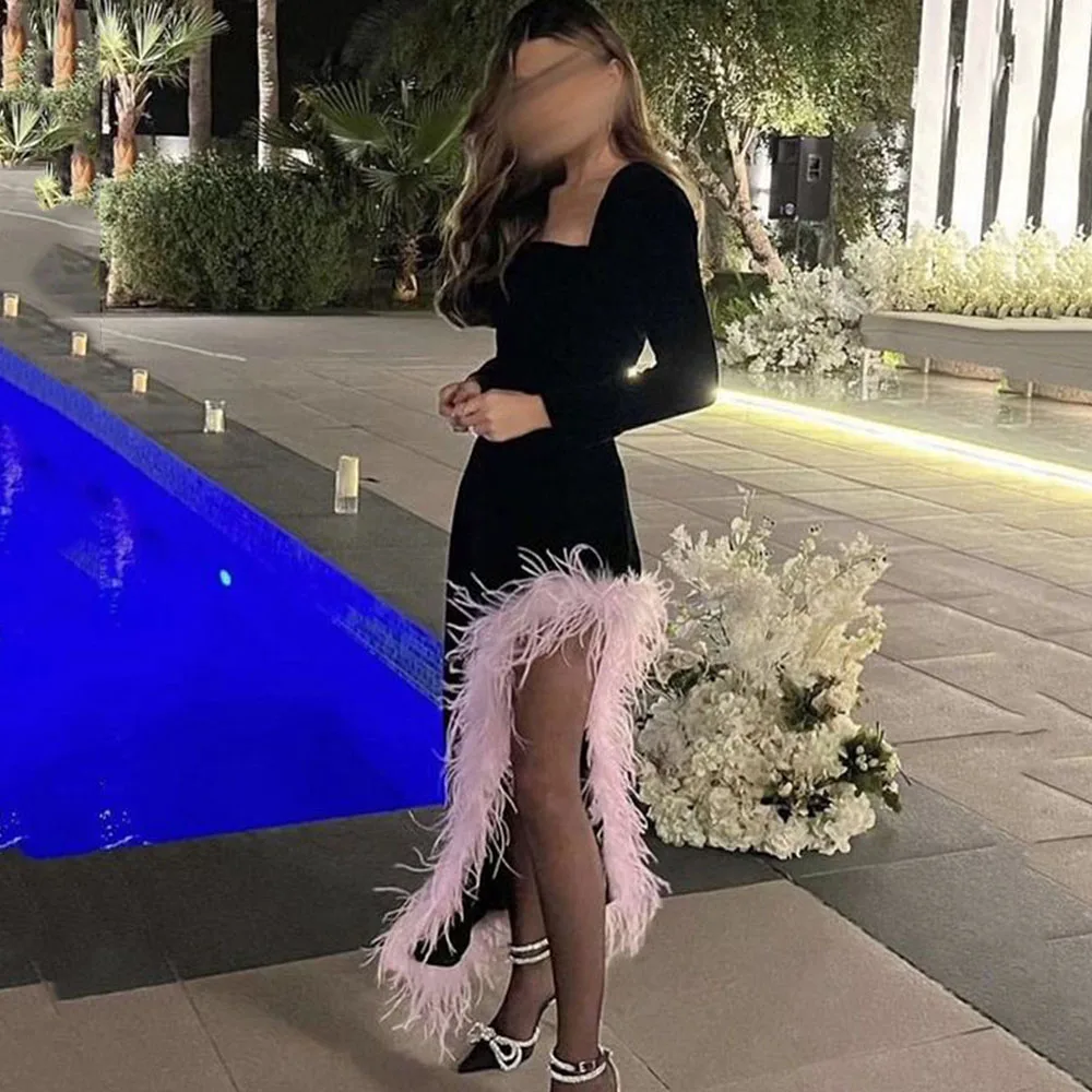 

Арабские Вечерние платья с длинным рукавом, с квадратным вырезом, черные платья для выпускного вечера, официальное вечернее Клубное платье, платья для выпускного вечера с перьями, женское платье