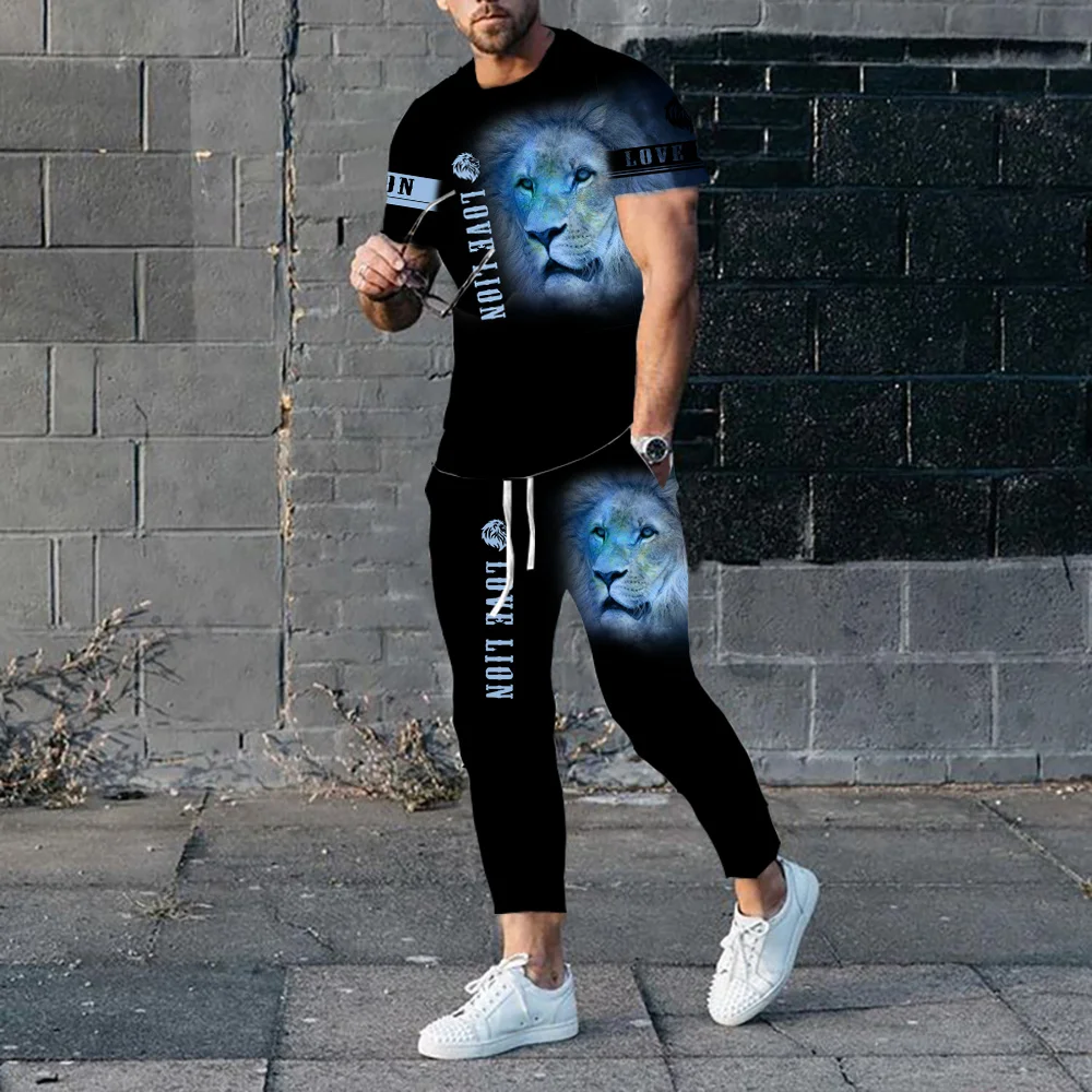 Summer Short Sleeve T-Shirt Men's Sets Male Jogging Sport Fashion Animal Tiger Lion 3D Print Oversize Tracksuit Two Piece Outfit 2 pcs set men s short sleeveset clothes compression sport running jogging gym tracksuit men clothing