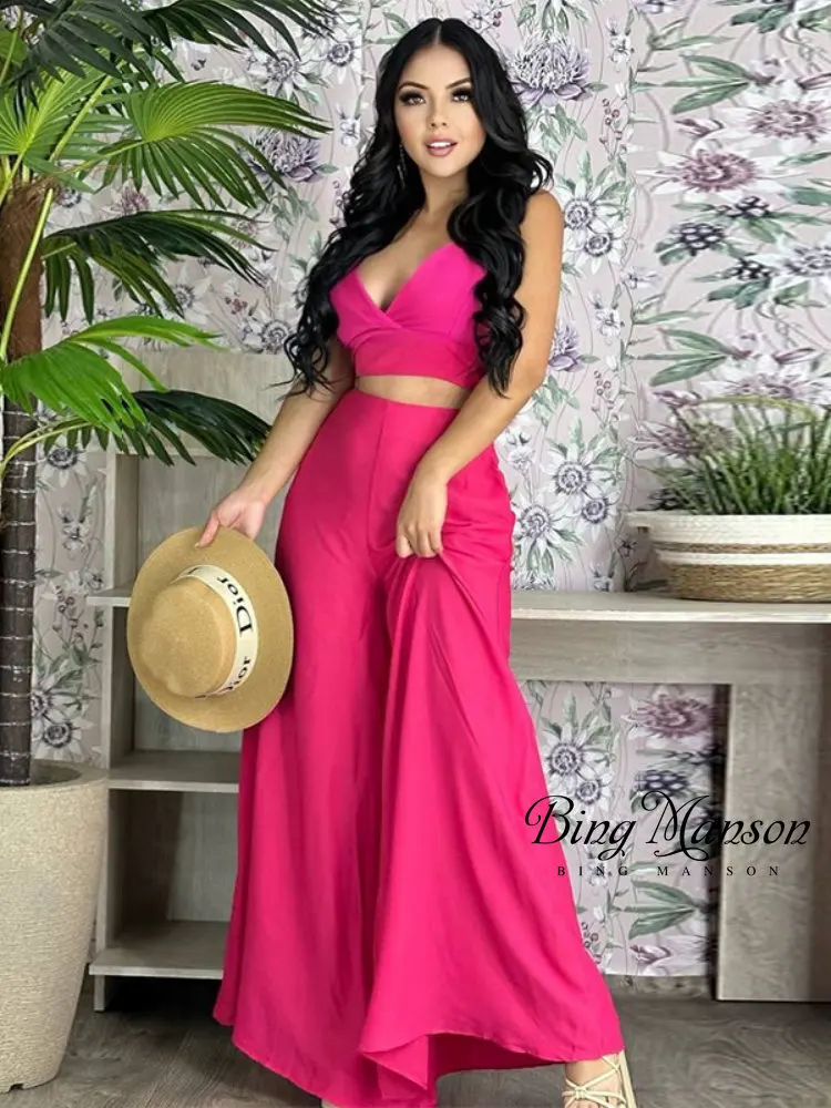 Spring New Women's Two-piece Solid Color Suspender Vest High Waist Pocket Wide Leg Pants Casual Suit Monos Mujer