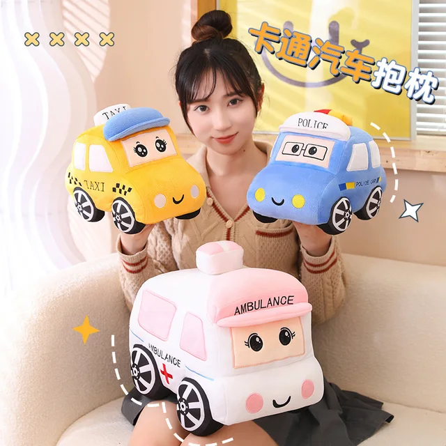 30/40CM Cartoon Cars Peluche Toys: Kawaii Police Cars, Ambulances, Taxis Plushie Dolls