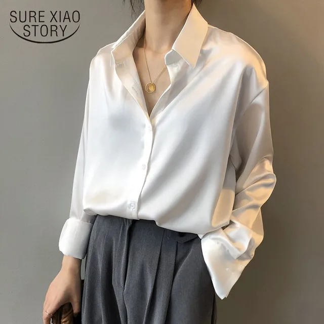 Осенняя модная атласная шелковая рубашка на пуговицах, винтажная блузка, женская белая, с длинным рукавом, женские свободные уличные рубашки, 11355 1