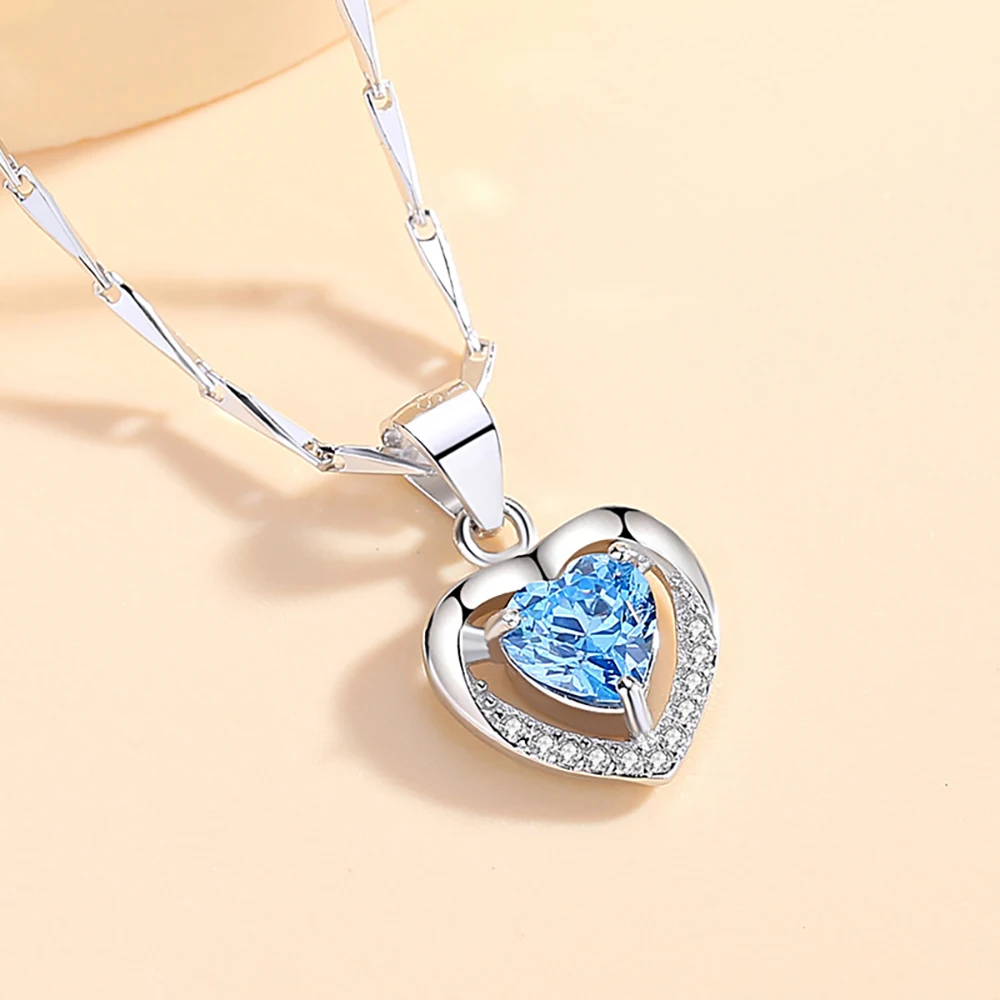 Sterling Silver 999 Heart Shaped Cubic Zirconia Pendant Necklace for Girlfriend Birthday Gift Free Shipping