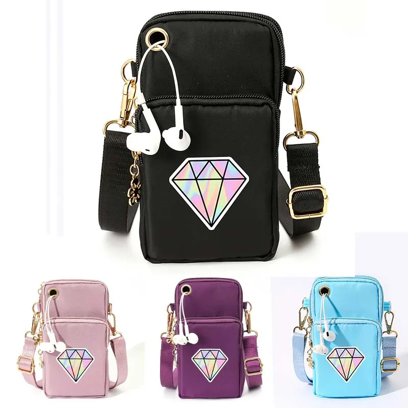 

4 Color Mobile Phone Bag Colorful Diamond Pattern Casual Arm Single Shoulder Diagonal Cross Earphone Holes Three-Layer Yoga Bags