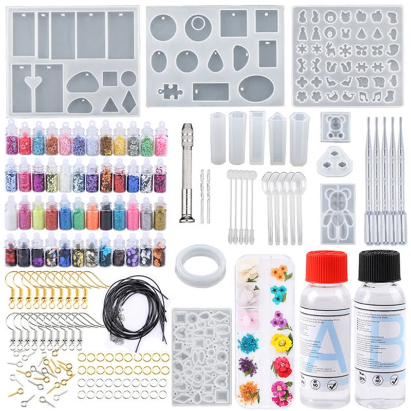 Kit de resina epoxi para principiantes, juego de moldes de silicona con  herramientas de suministros de bricolaje, lentejuelas brillantes, copos de  papel de aluminio para fabricación de joyas