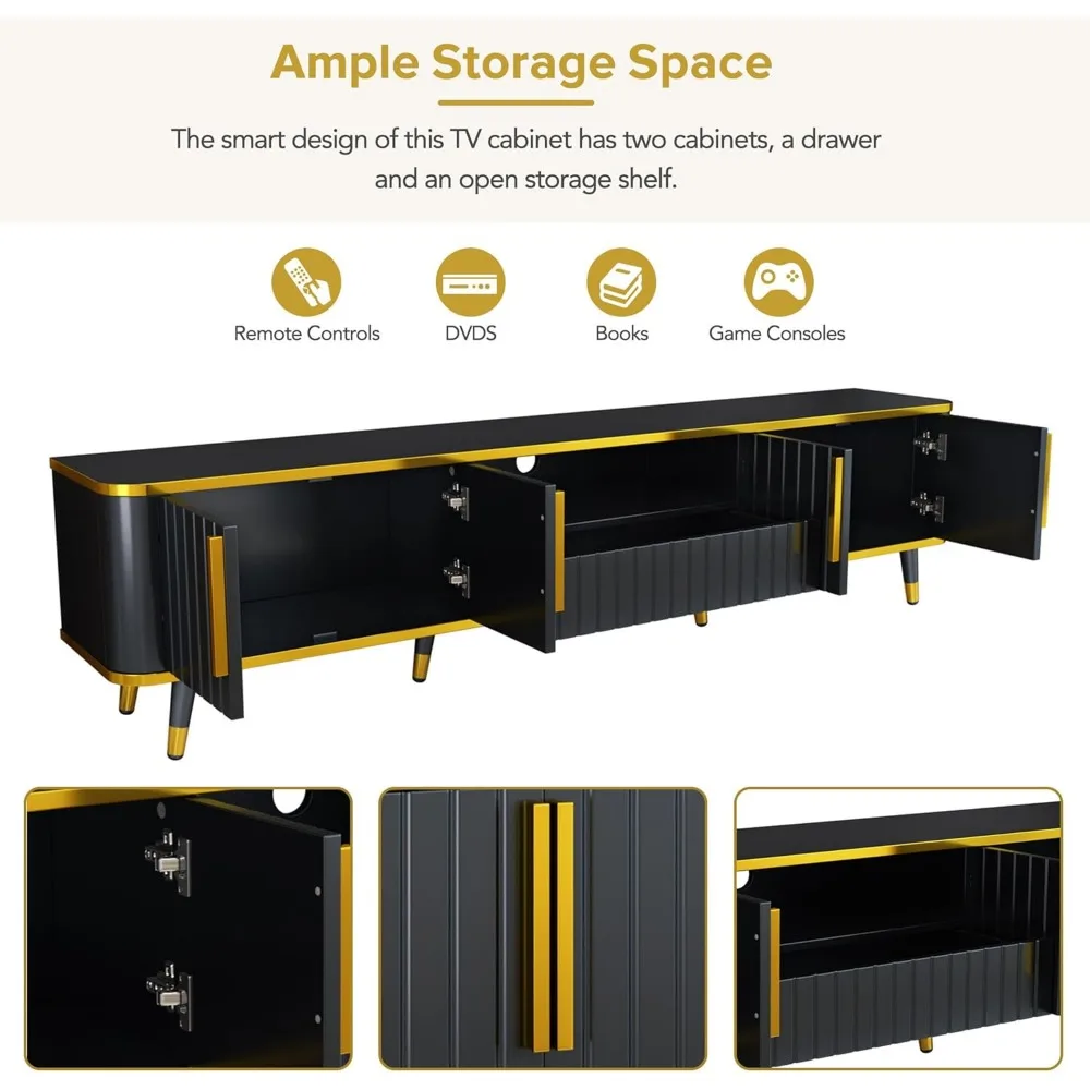 TV Stand for 85"+ TV, Entertainment Center with Storage Drawer & Cabinets & Shelves, Curved TV Console with Gold Metal Legs 3