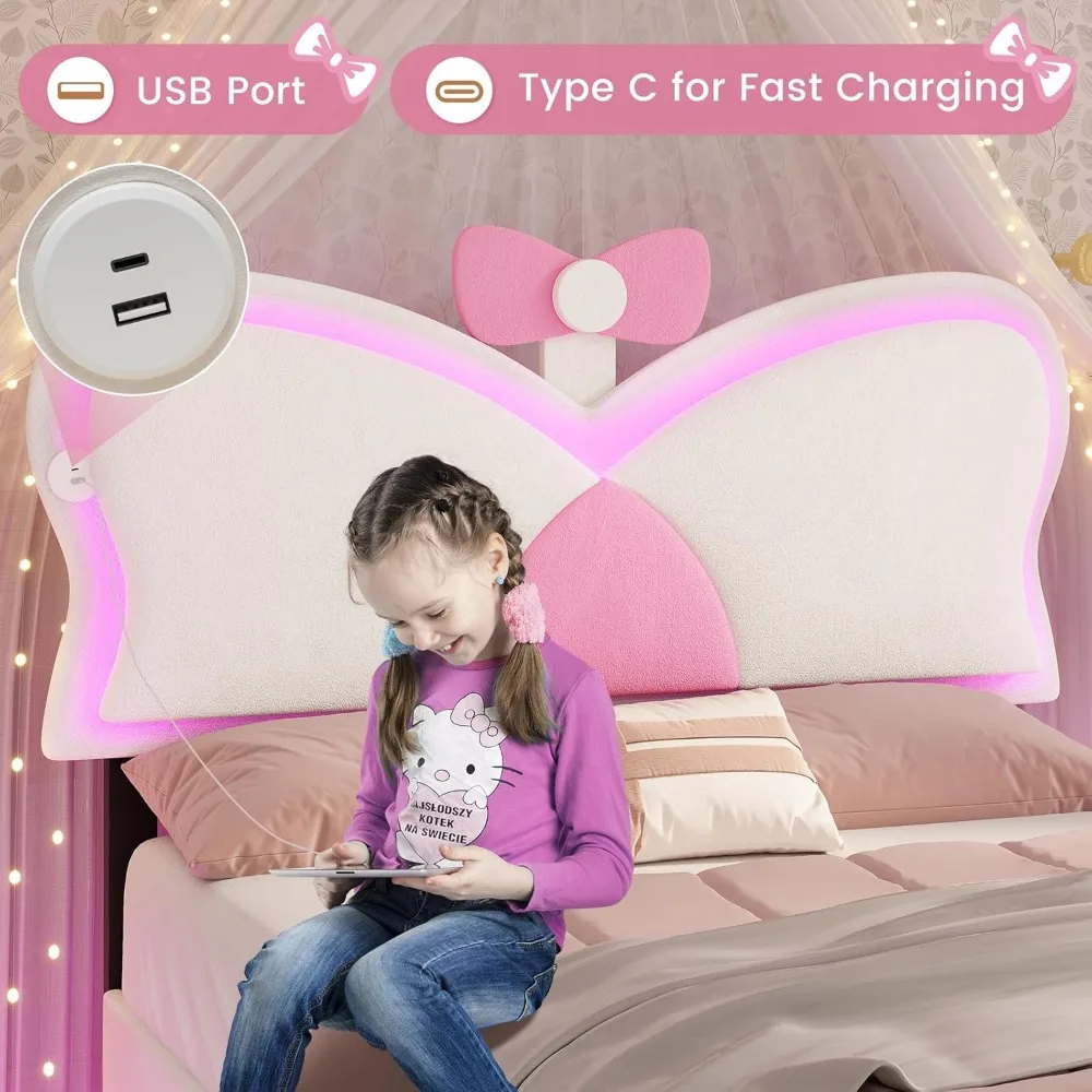 Double Bed Rack with LED Lights and Storage Drawers, Height Adjustable Butterfly Headboard, C-shaped and USB Charging Ports 4