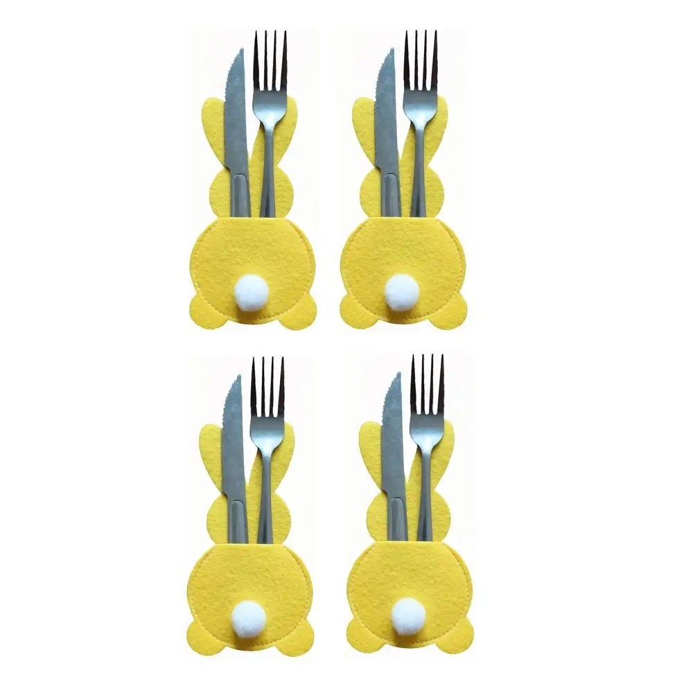 4Pcs Rabbit Cutlery Bag with Tail Cutlery Holder Easter Bunny Cutlery Cover Tableware Organizer Easter Party Table Decoration