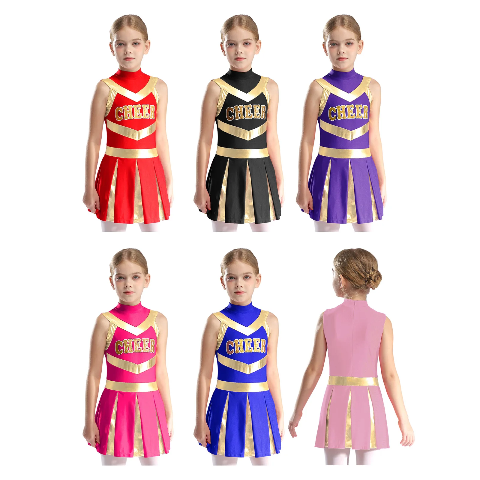 Description Picture 3 of itemKids Girls Cheerleading Uniform Teen Cheerleader Costume Team Wear Sleeveless Contrast Color Pleated Dress Halloween Costume
