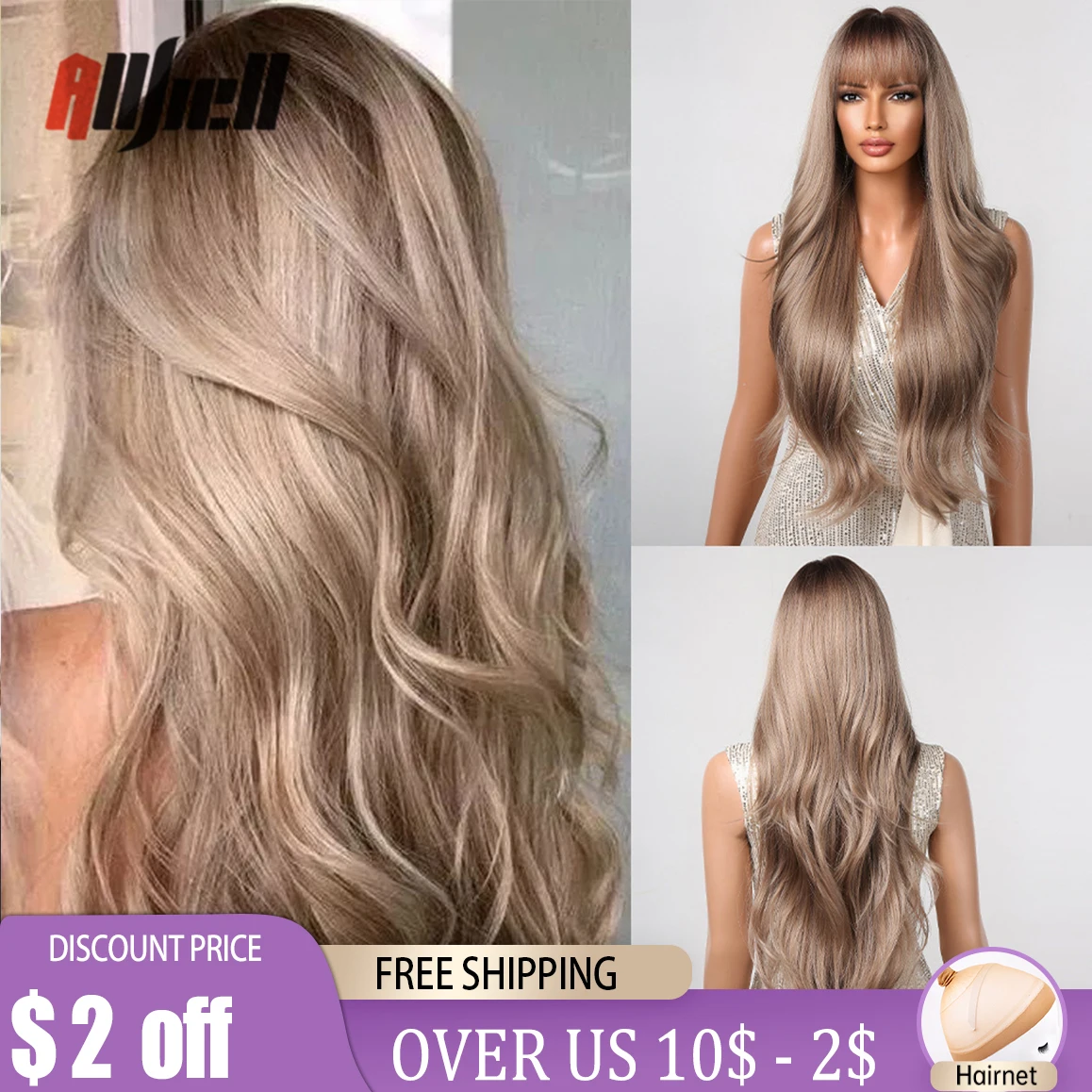 

Synthetic Ash Light Brown Long Wavy Wigs with Bangs for Black Women Ombre Golden Gray Cosplay Daily Hair Wig Heat Resistant