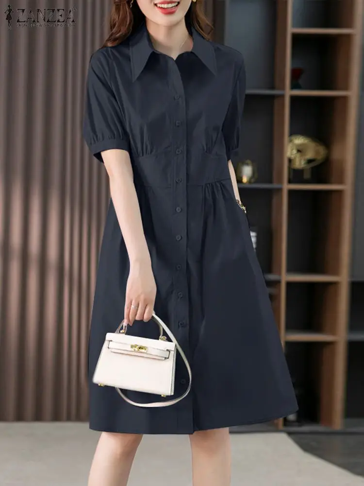 

ZANZEA Summer Fashion Solid Color Shirtdress Woman Lapel Short Sleeve Dress Elegant Knee Length Robe A-line Office Sundress 2023